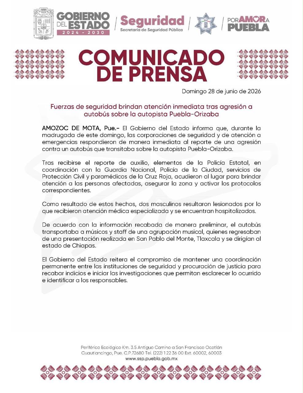 Fuerzas de seguridad brindan atención inmediata tras agresión a autobús sobre la autopista Puebla-Orizaba